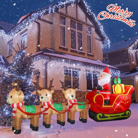 ⚡12FT Christmas Inflatable Santa Claus Sleigh Reindeer Outdoor Decoration - Picture 7 of 7